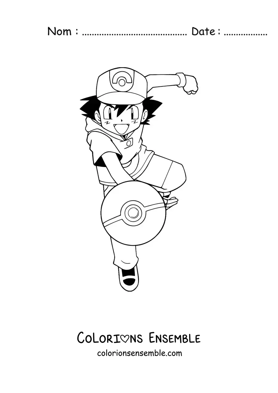 Image à colorier de Sacha de Pokémon lançant une Poké Ball