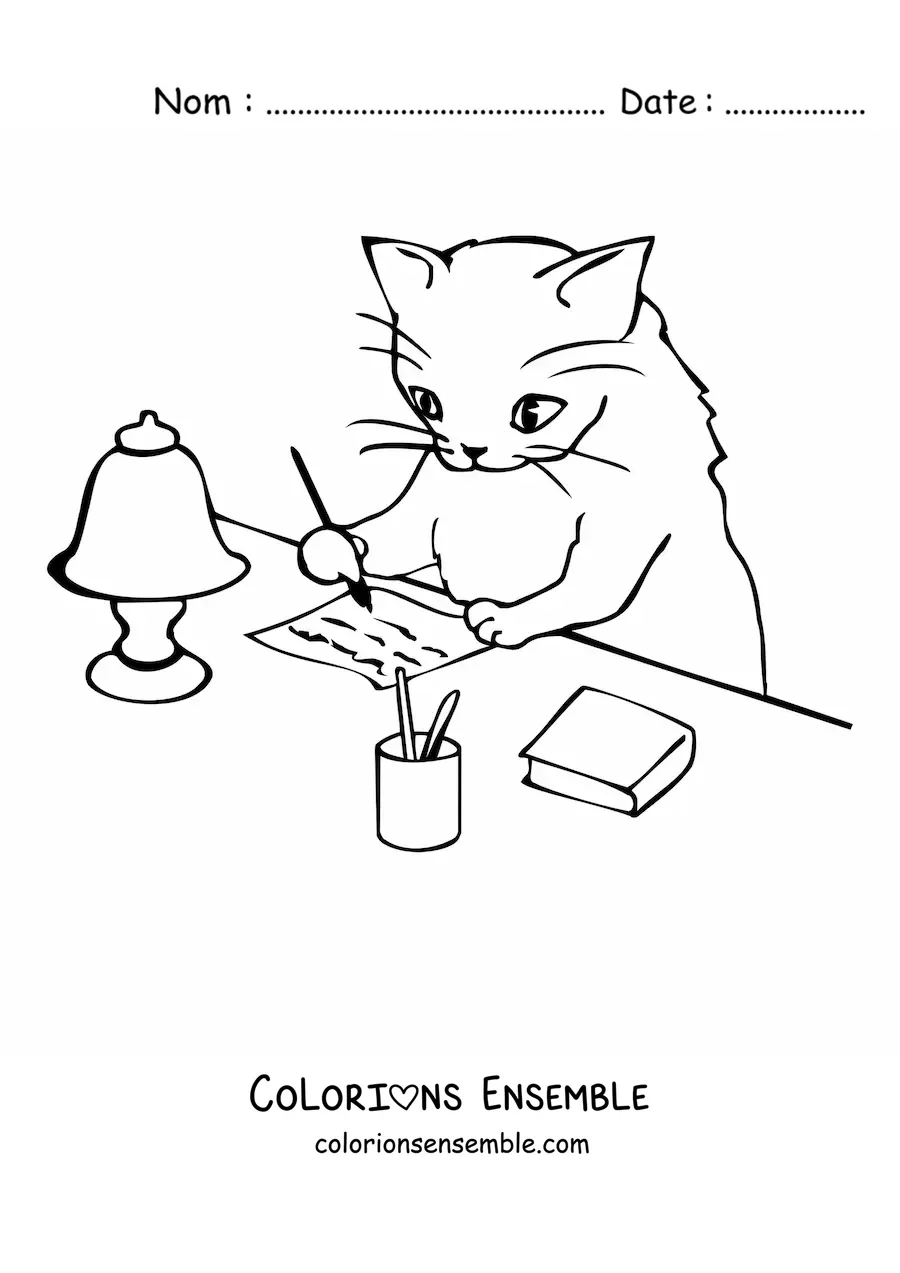 Image à colorier d’un chat écrivant une lettre