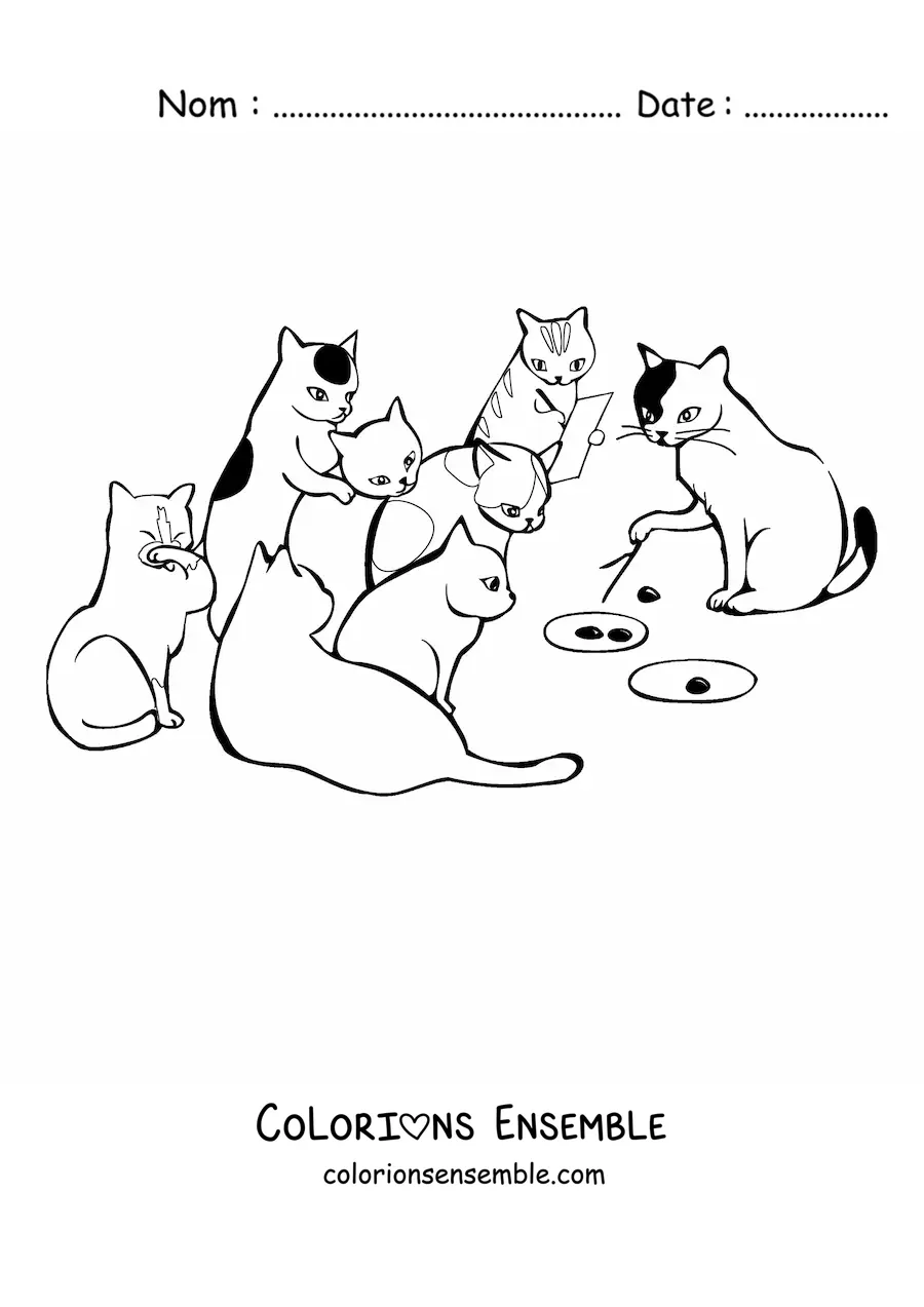 Image à colorier d’une réunion de chats qui préparent un plan