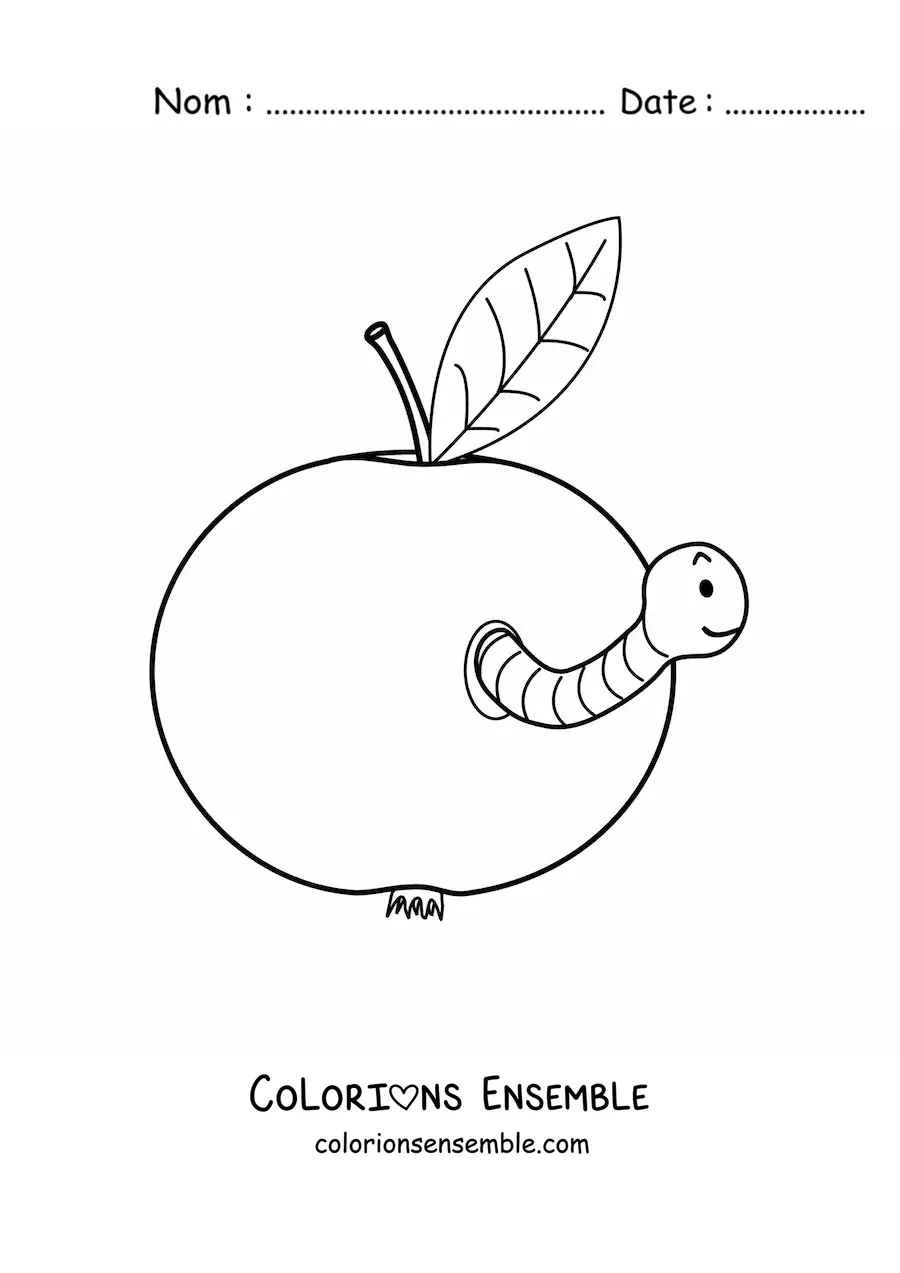Image à colorier d’une pomme avec un ver en dessin animé