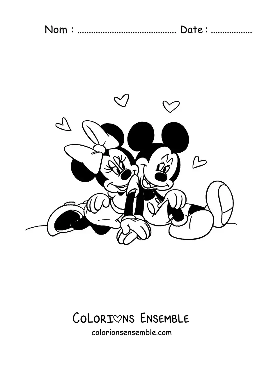 Image à colorier de Mickey et Minnie assis ensemble, entourés de cœurs