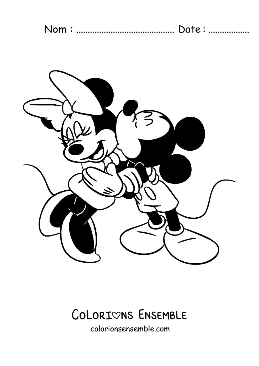 Image à colorier de Mickey faisant un bisou sur la joue de Minnie