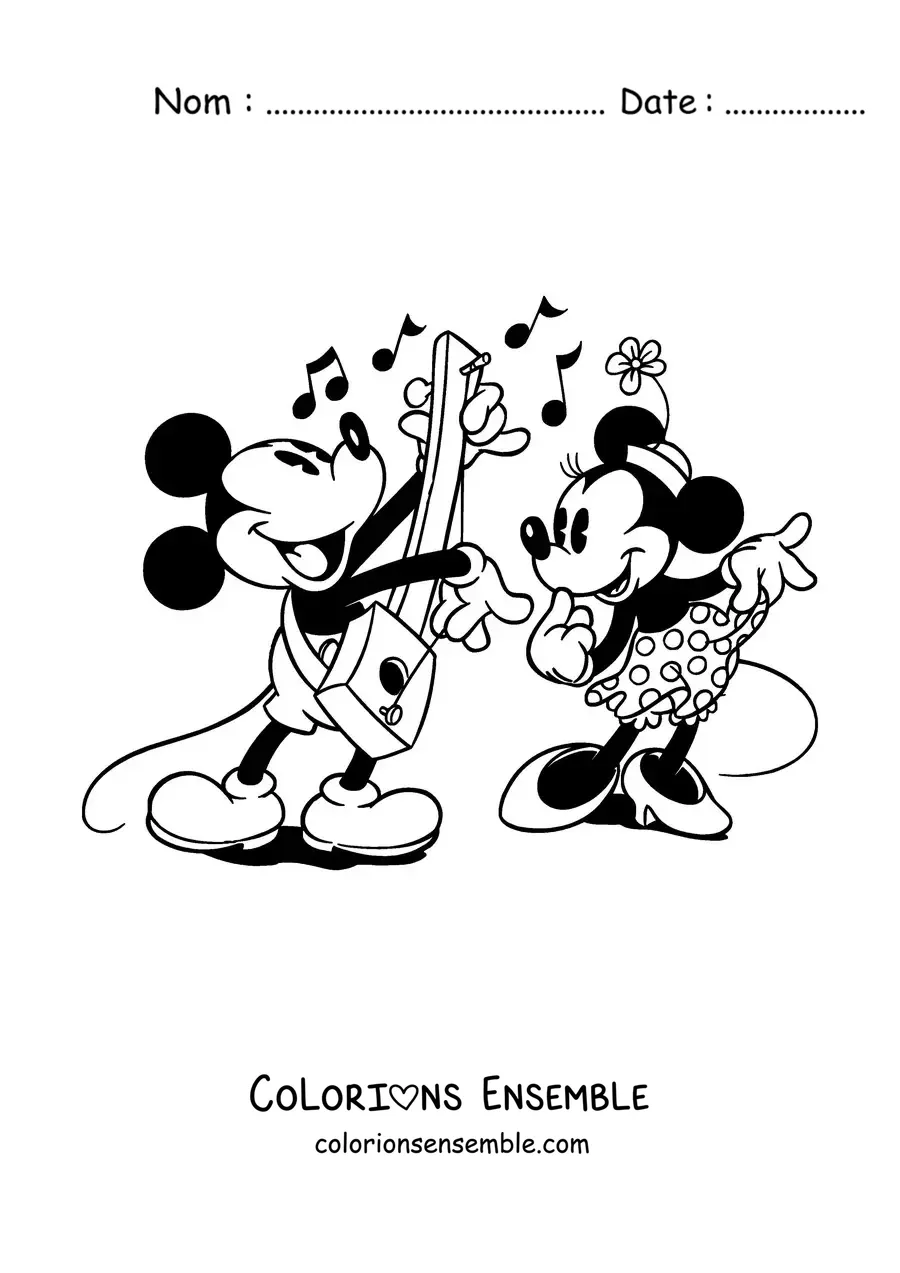 Image à colorier de Mickey jouant de la guitare et de Minnie qui danse