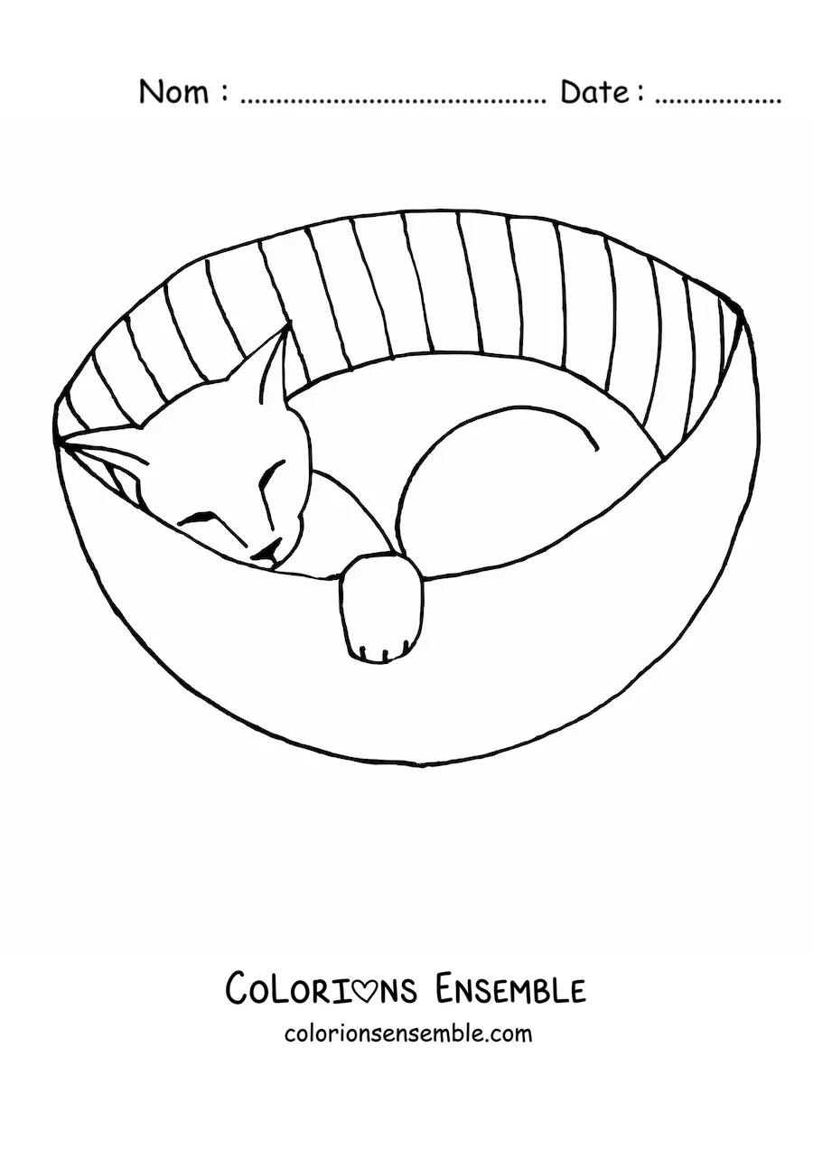 Image à colorier d’un chat endormi dans un panier pour chat