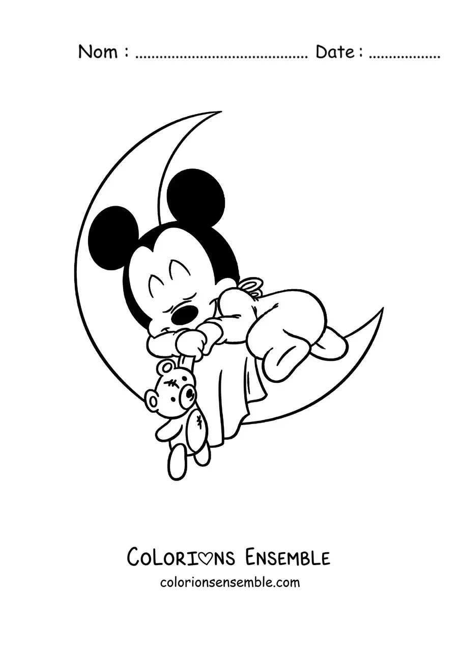 Image à colorier de Bébé Mickey endormi sur une lune en serrant un ours en peluche
