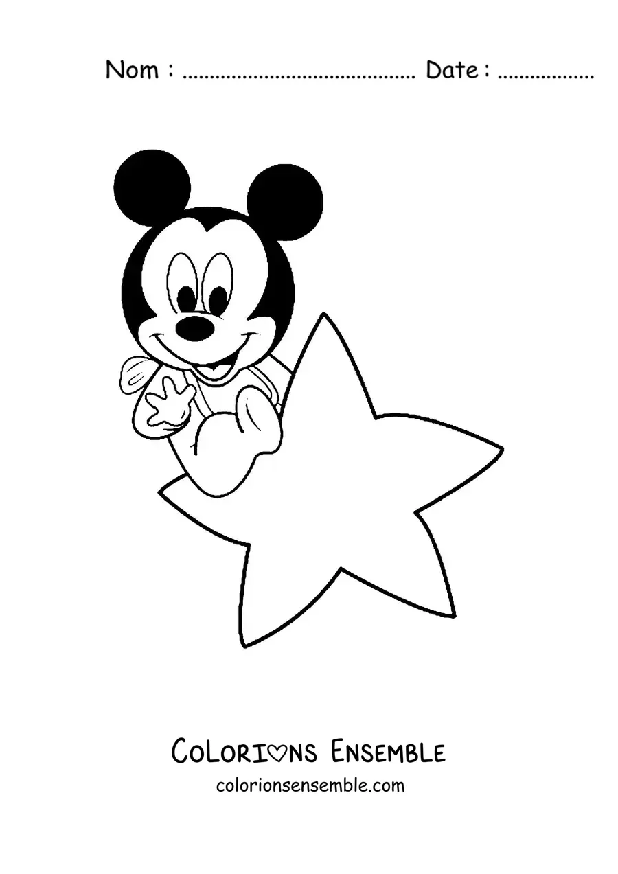 Image à colorier de Bébé Mickey assis sur une étoile