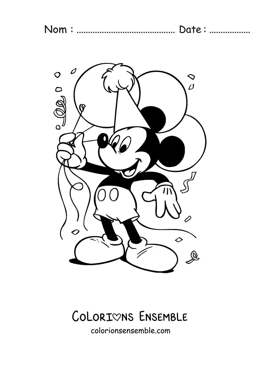Image à colorier de Mickey tout content tenant plusieurs ballons d’anniversaire