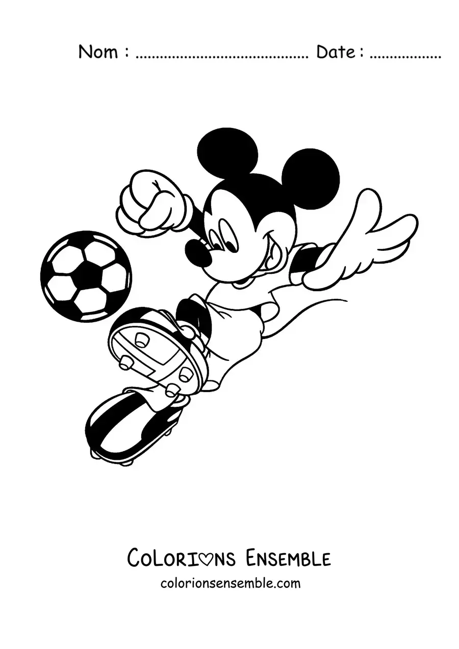 Image à colorier de Mickey tapant dans un ballon de football