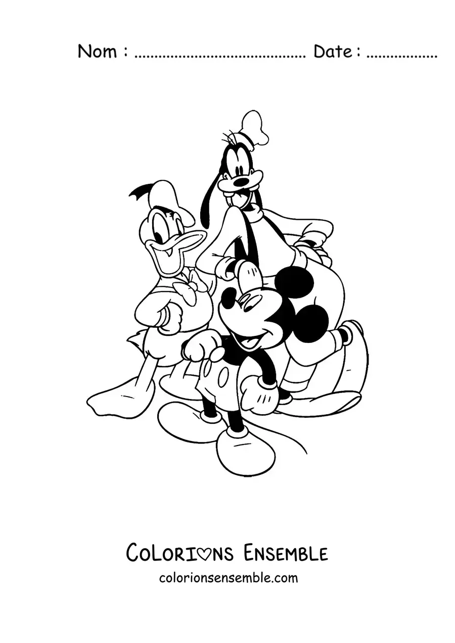 Image à colorier de Mickey aux côtés de Donald et Dingo