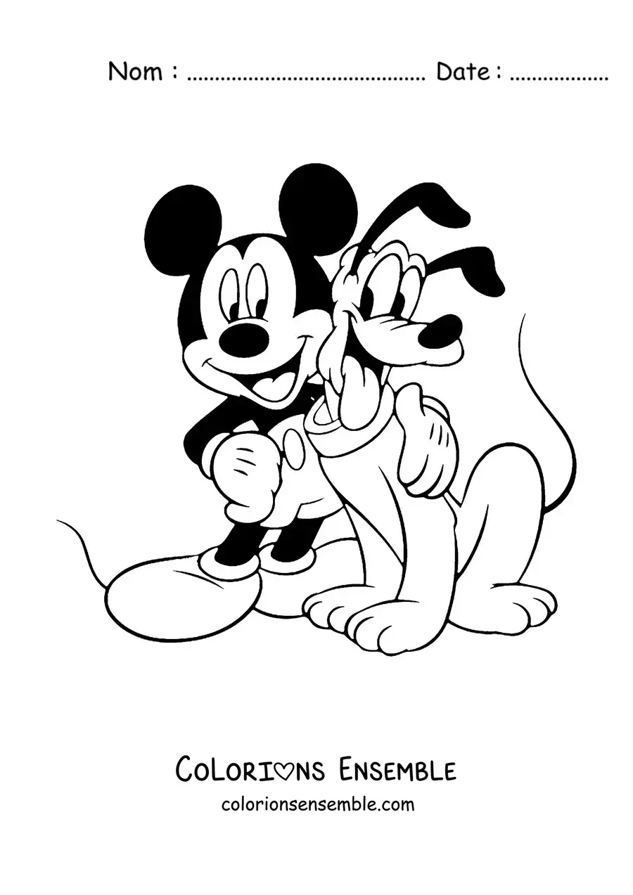 Image à colorier de Mickey serrant Pluto dans ses bras