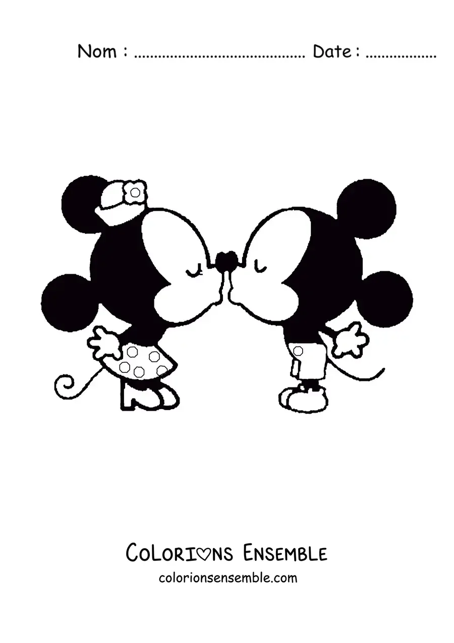 Image à colorier de Mickey kawaii faisant un bisou à Minnie