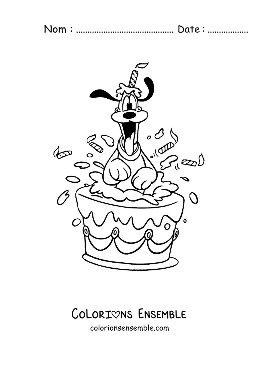 Image à colorier de Pluto sortant de l’intérieur d’un gâteau d’anniversaire
