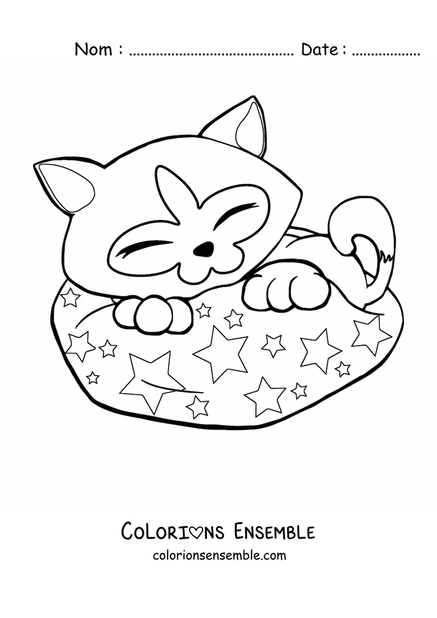 Image à colorier d’un chat siamois endormi sur un lit à motifs d’étoiles