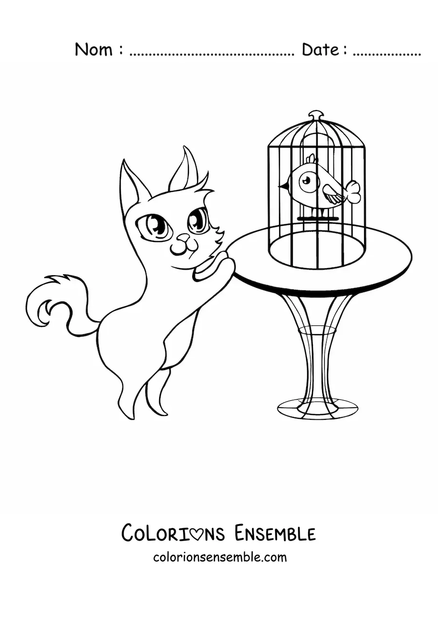 Image à colorier d’un chat observant un oiseau dans sa cage posée sur une table
