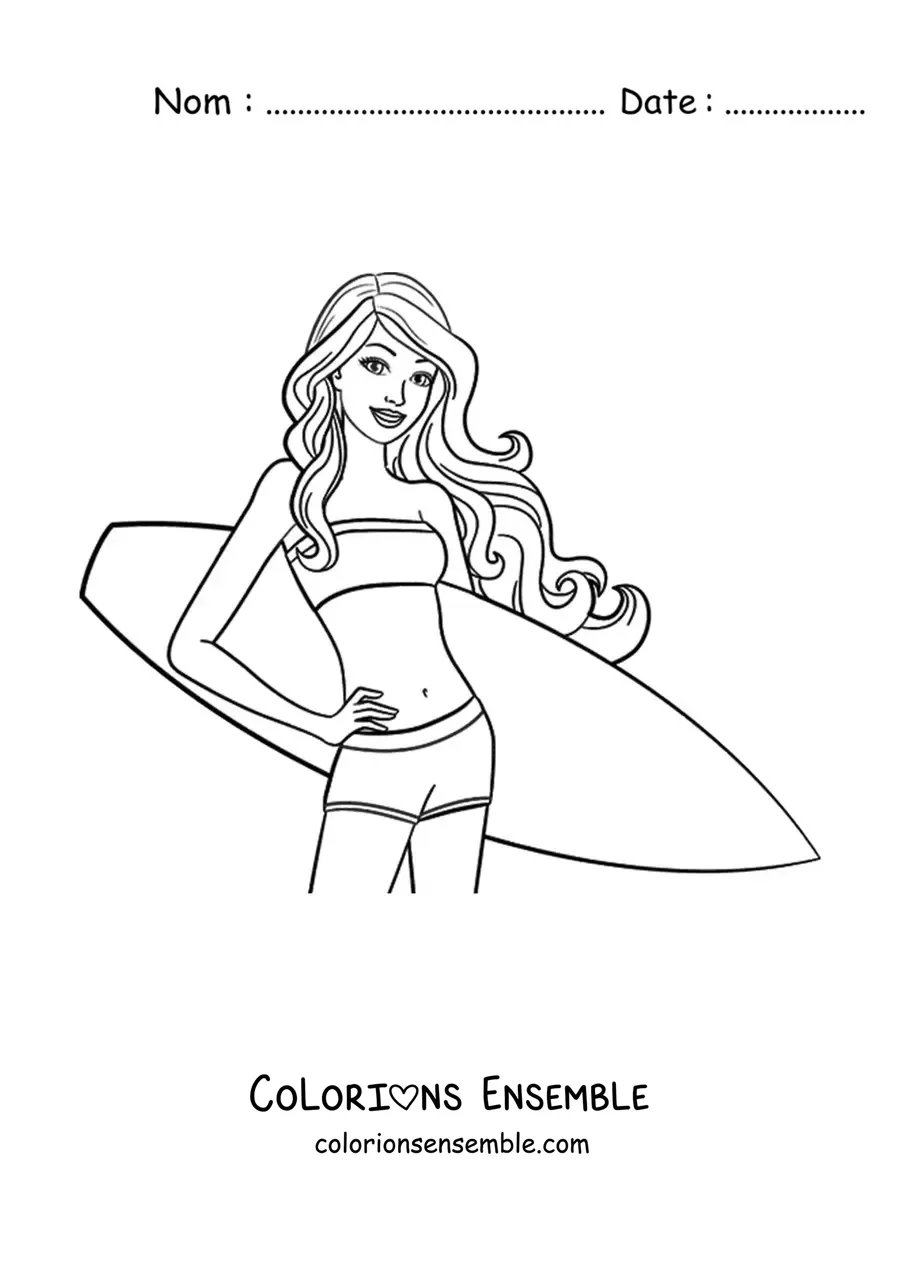Image à colorier de Barbie à la plage avec une planche de surf