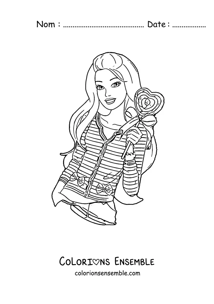 Image à colorier de Barbie tenant une sucette en forme de cœur