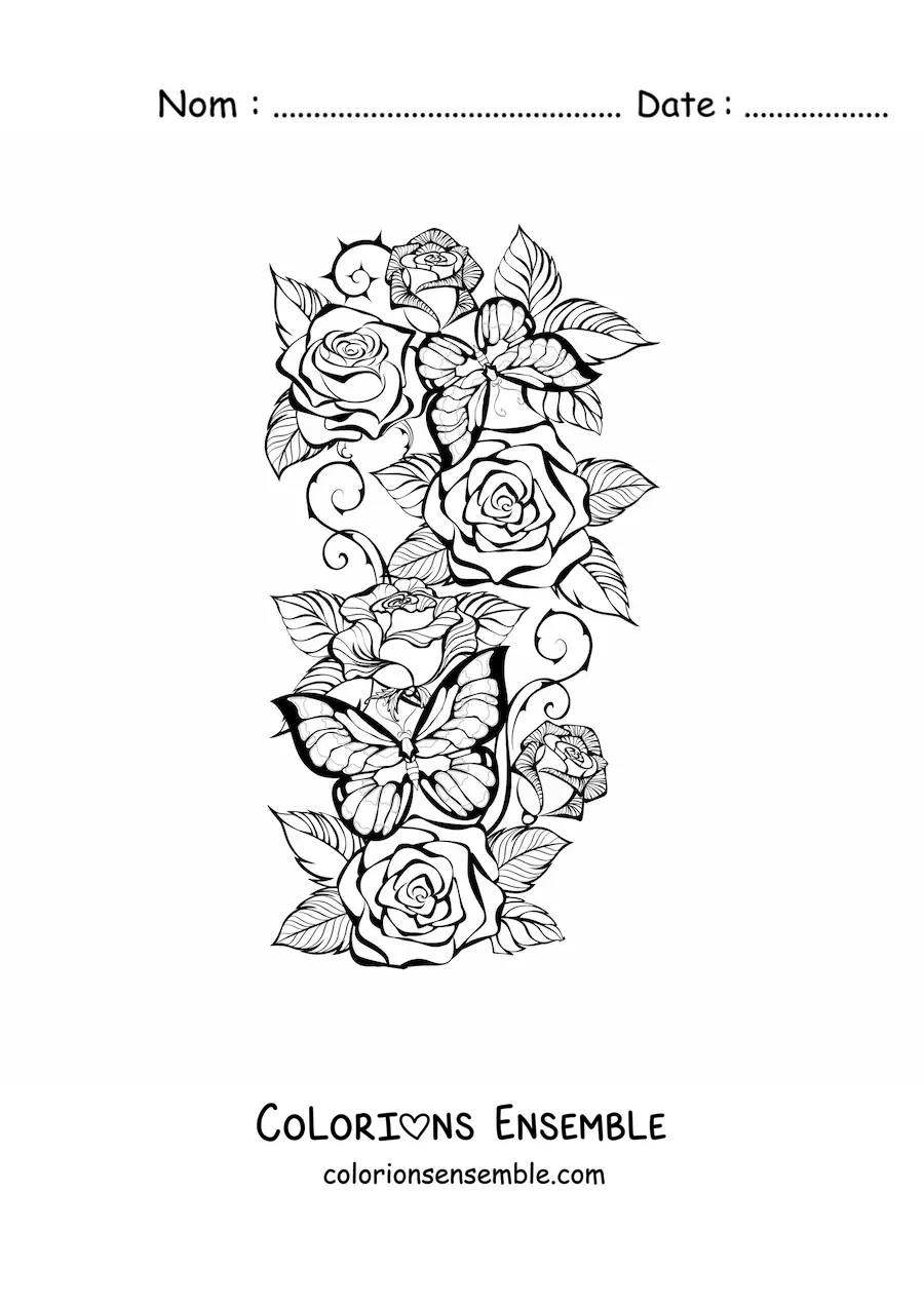 Image à colorier de plusieurs belles roses avec deux papillons