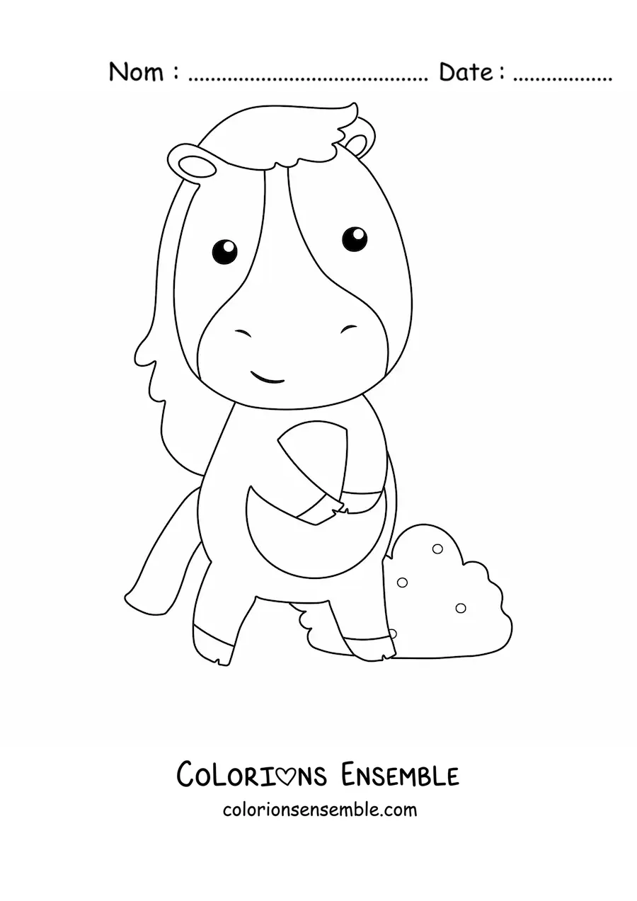 Image à colorier d’un cheval kawaii avec un buisson en arrière-plan