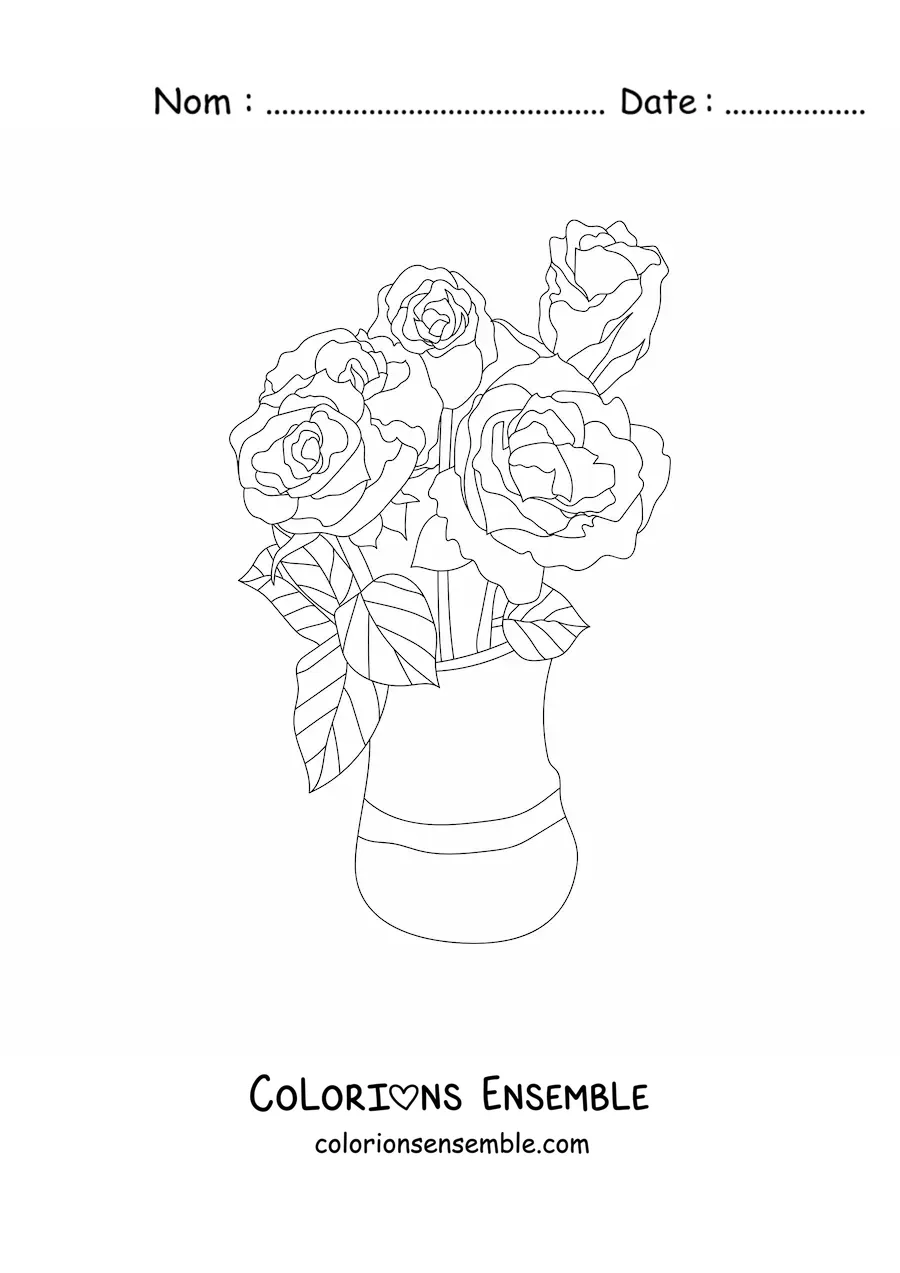 Image à colorier d’un vase rempli de belles roses