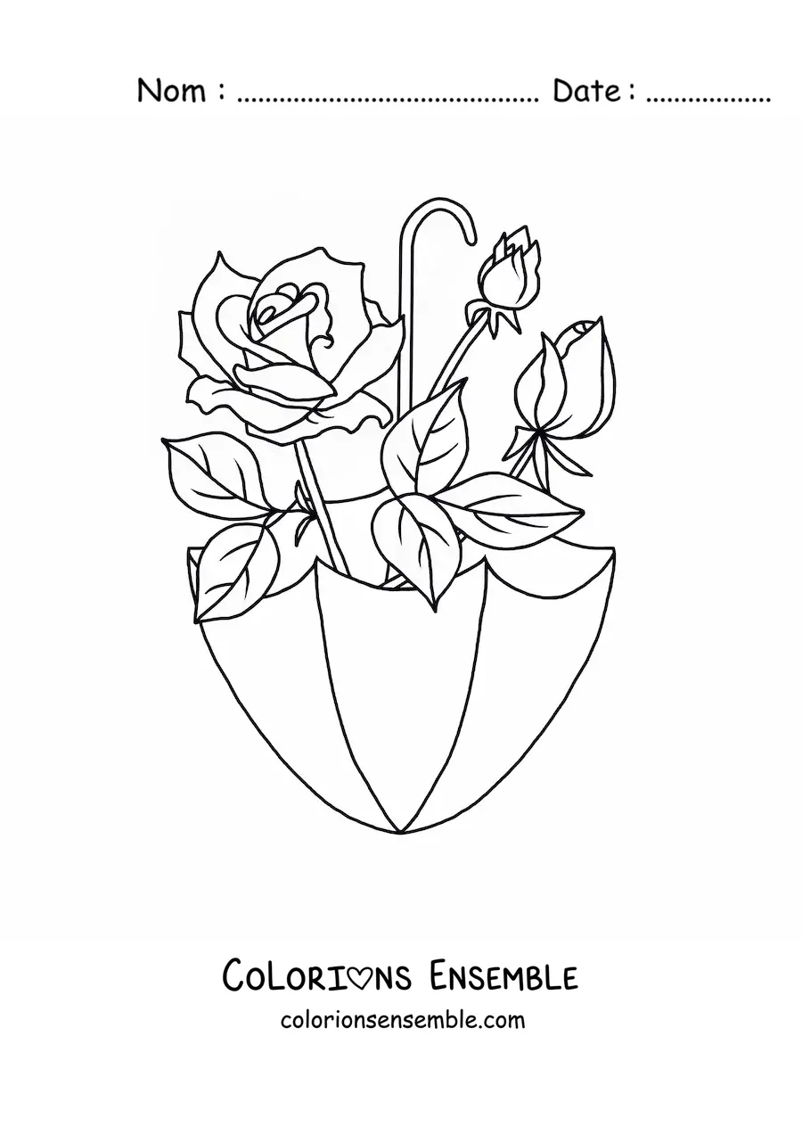 Image à colorier d’une rose et de deux boutons de rose dans une ombrelle