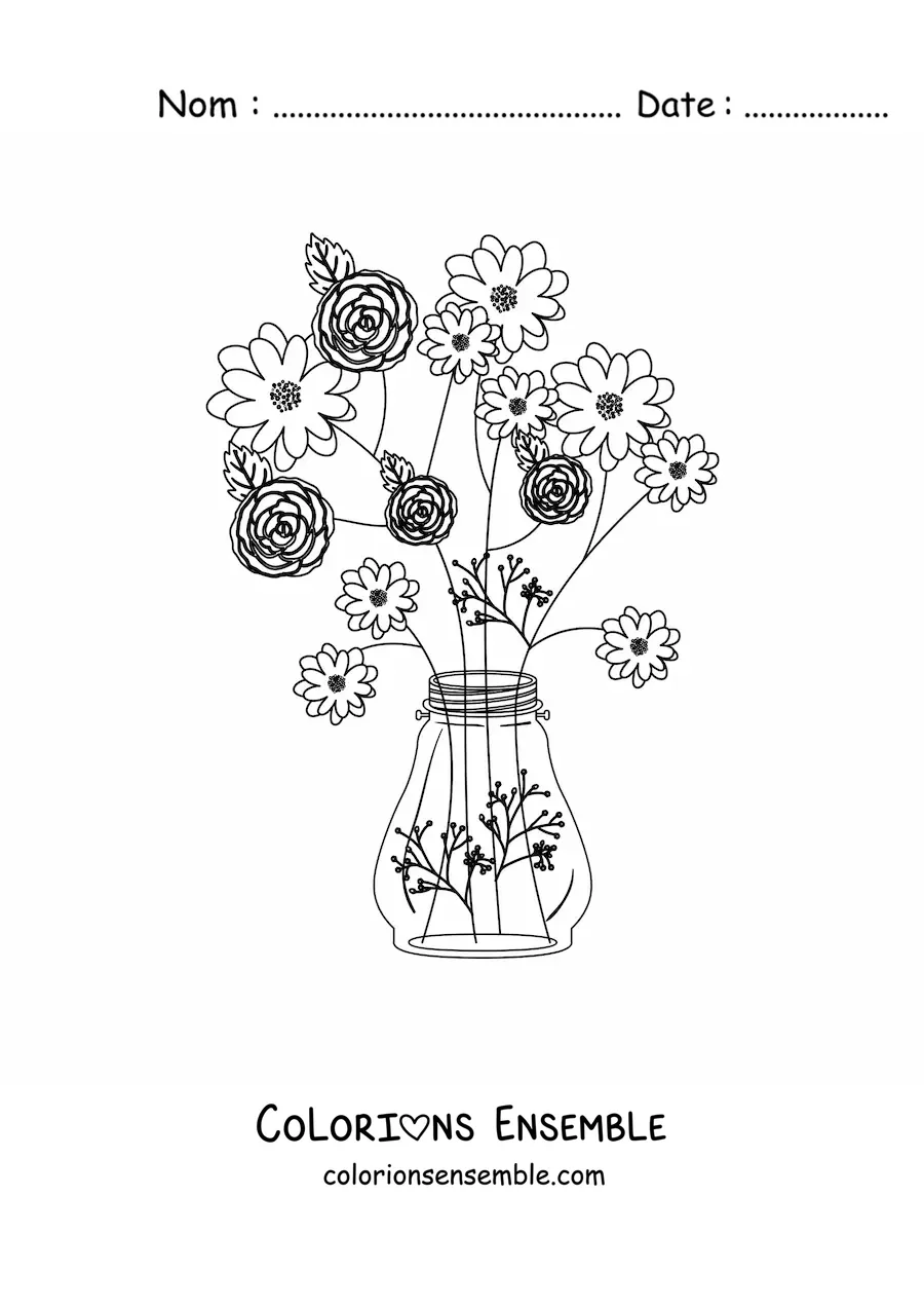 Image à colorier d’un vase avec quatre roses et d’autres fleurs