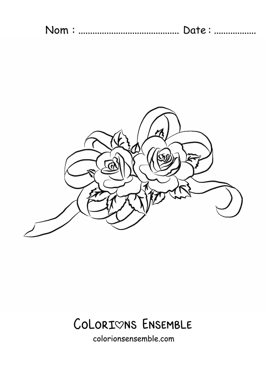Image à colorier de deux jolies roses avec un nœud