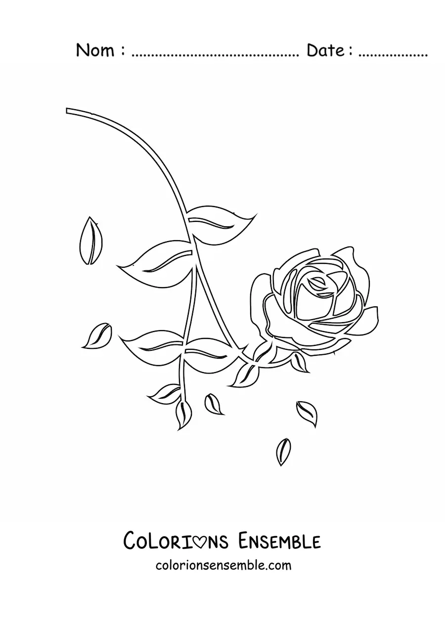 Image à colorier d’une petite rose avec des feuilles