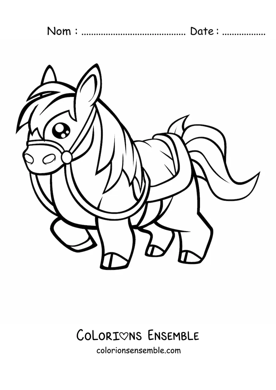Image à colorier d’un cheval kawaii sellé levant une patte