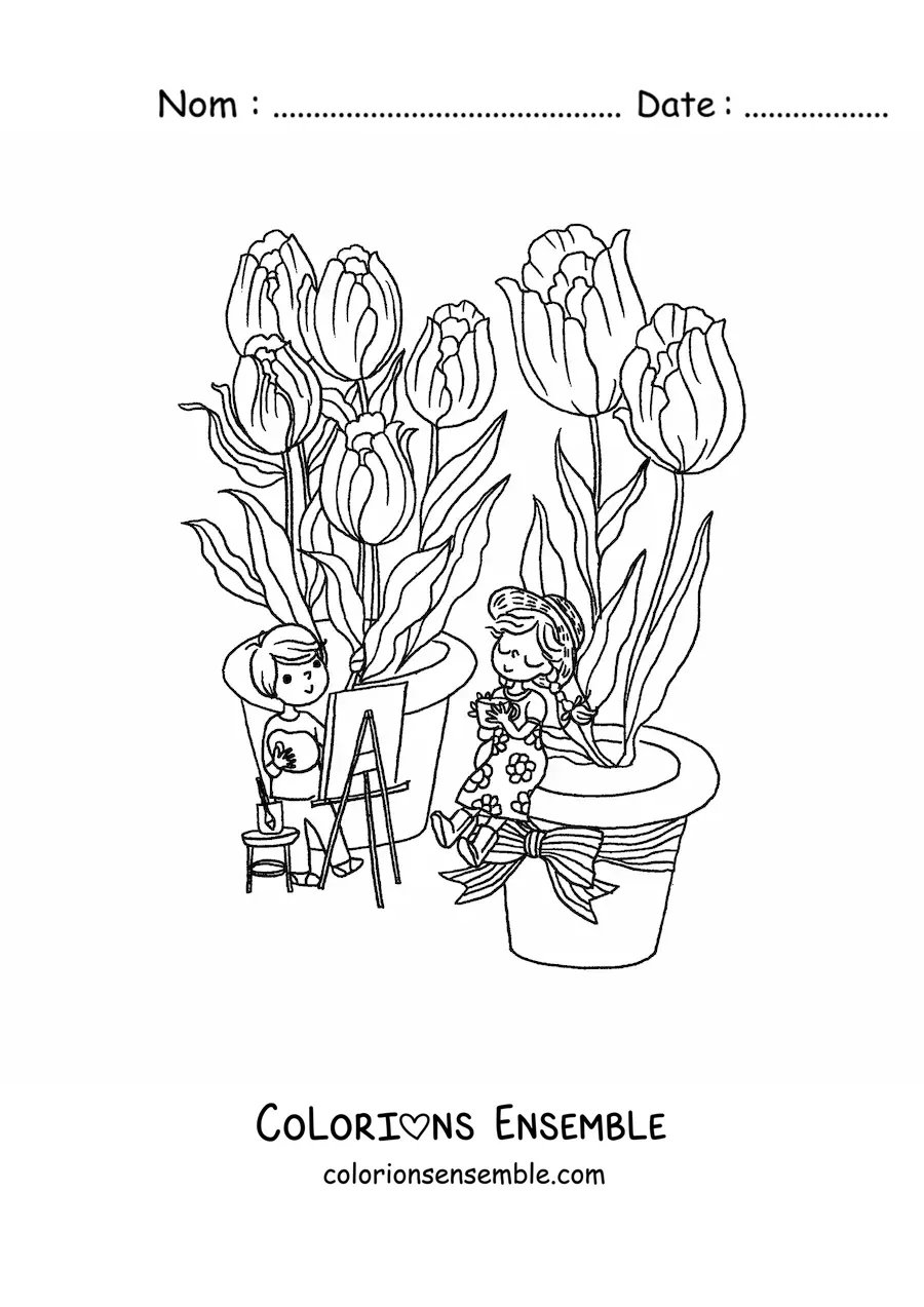 Image à colorier de plusieurs tulipes et de deux enfants kawaii
