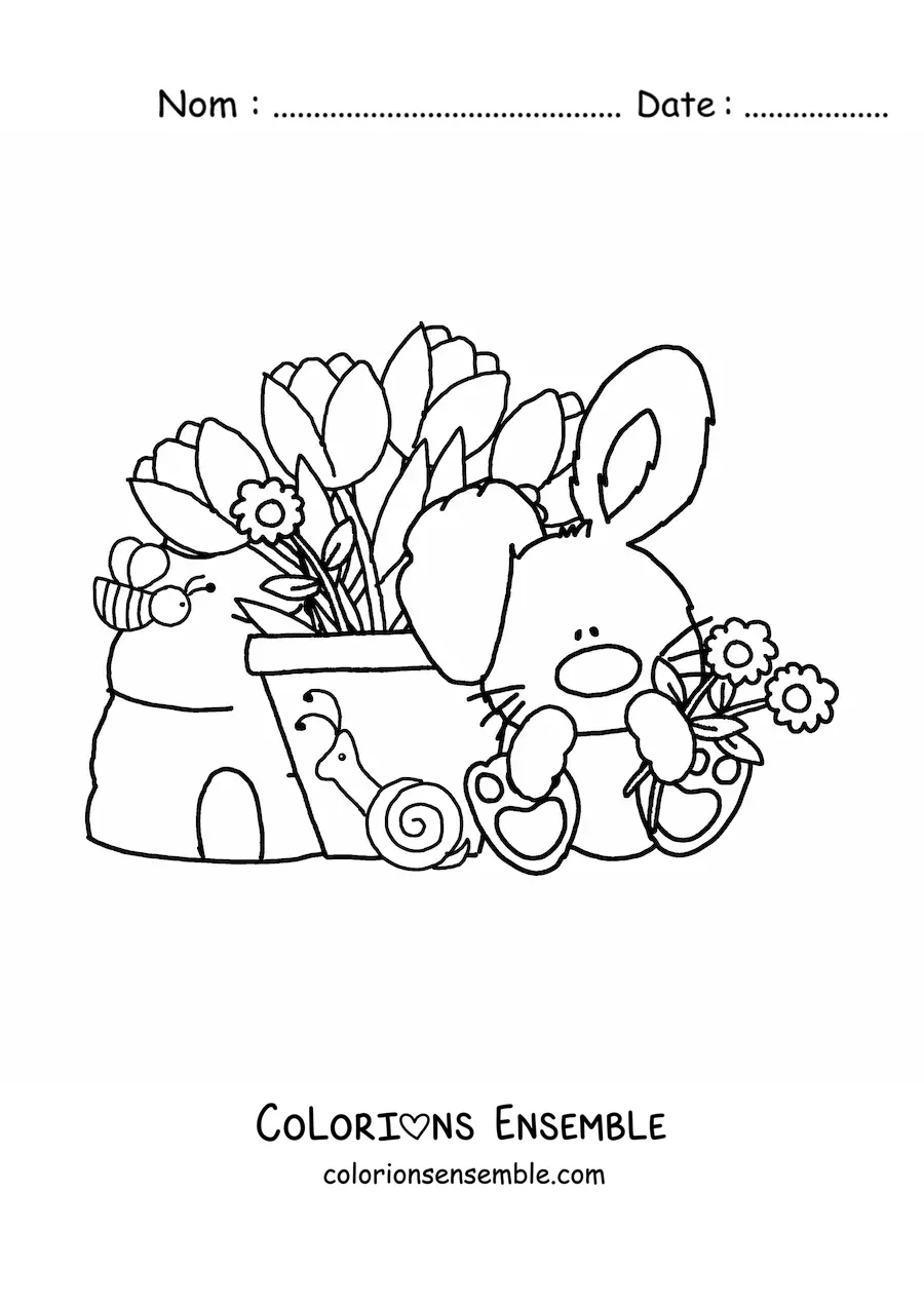 Image à colorier d’un lapin de dessin animé kawaii avec des tulipes et des fleurs