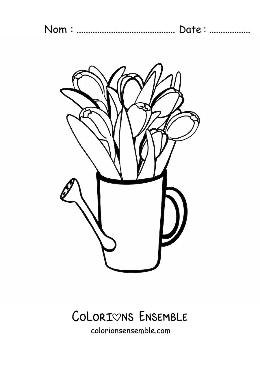 Image à colorier d’un bouquet de tulipes dans un arrosoir
