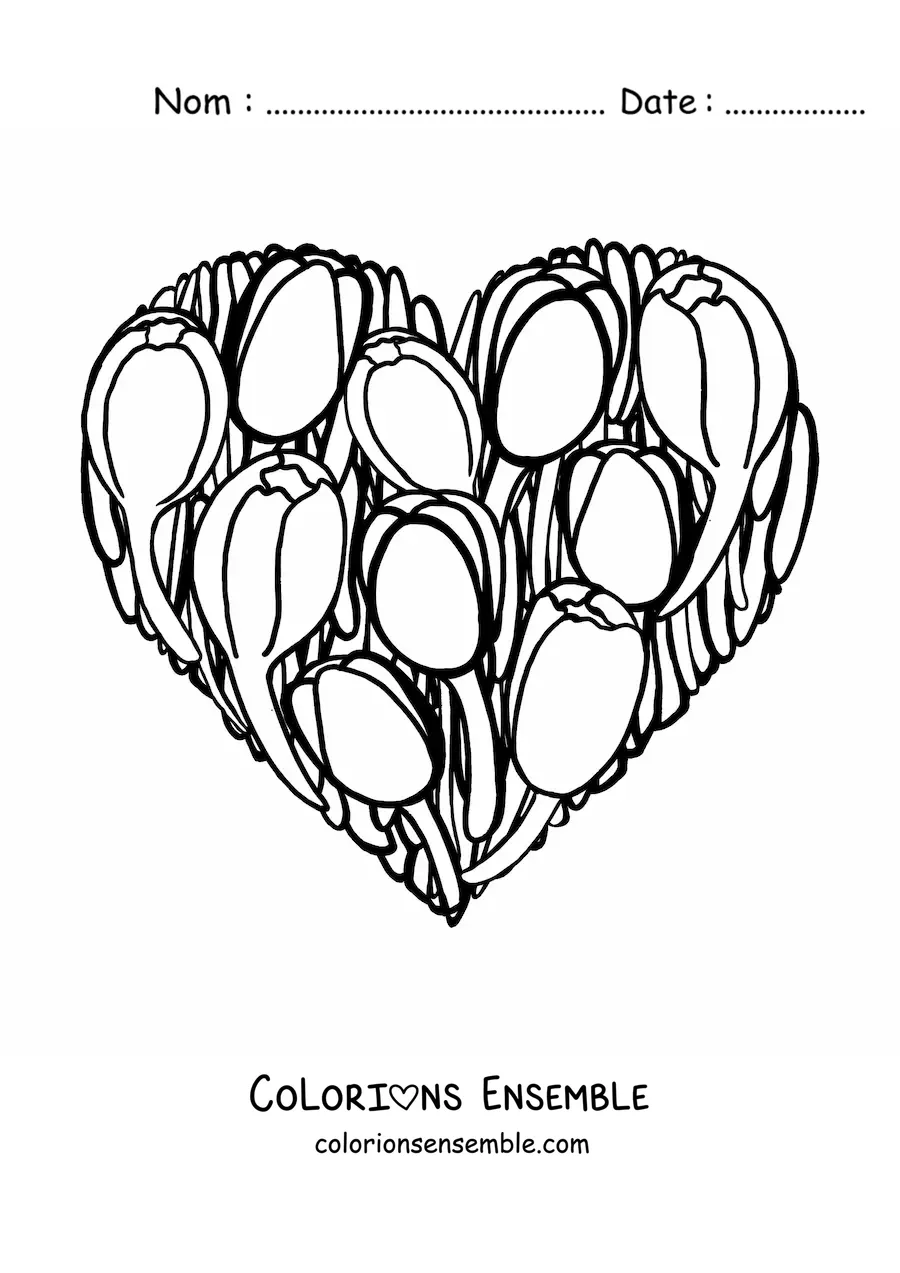 Image à colorier d’un cœur de tulipes