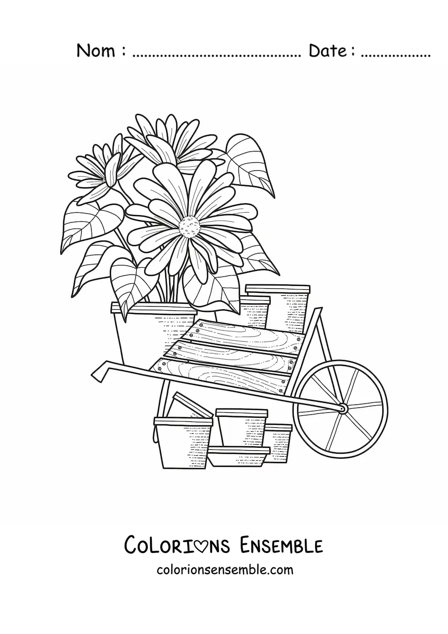 Image à colorier d'une charrette remplie de marguerites