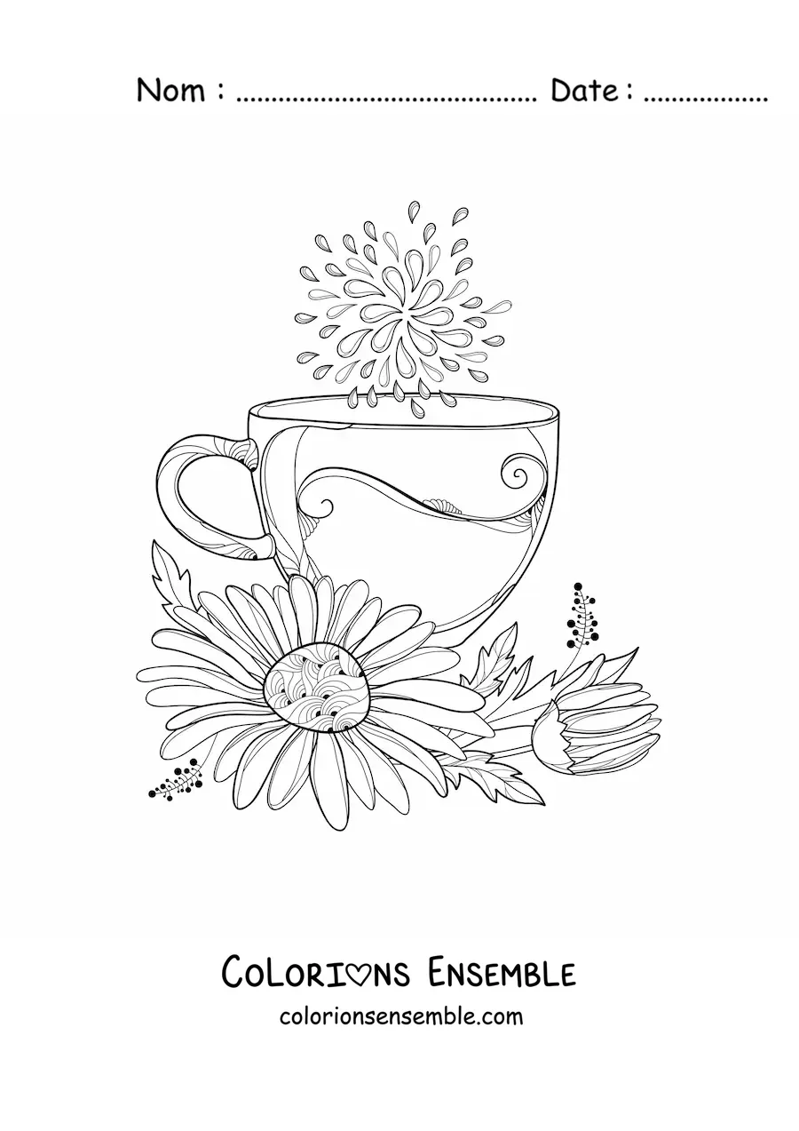 Image à colorier d'une tasse de thé avec une marguerite