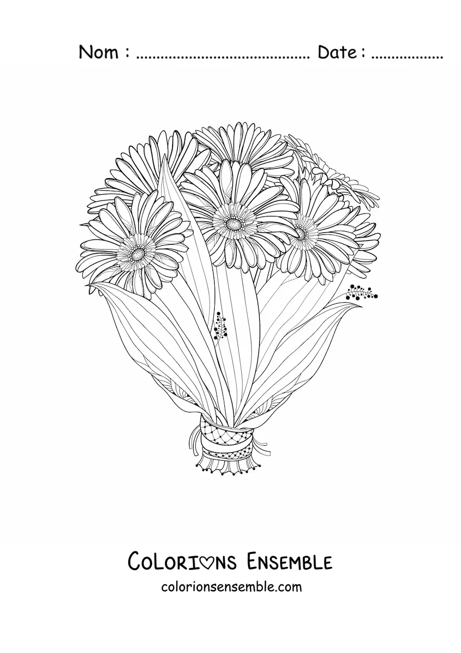 Image à colorier d'un bouquet de marguerites avec leurs feuilles