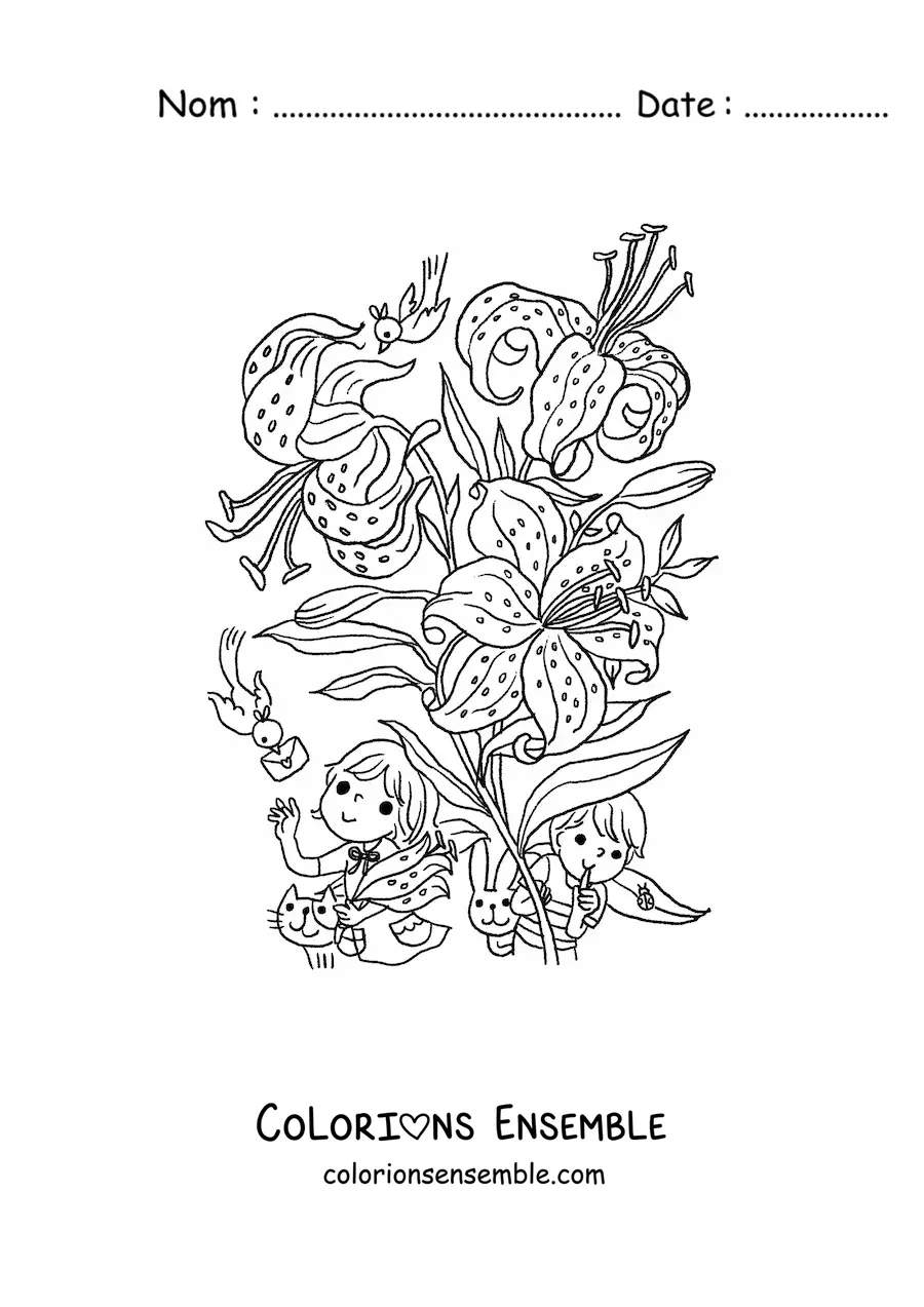 Image à colorier de plusieurs lys avec des enfants kawaii