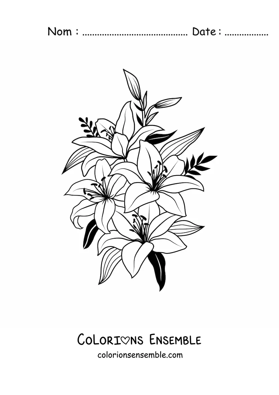 Image à colorier de plusieurs beaux lys avec des feuilles