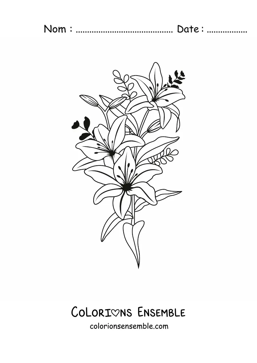 Image à colorier de trois beaux lys avec des feuilles
