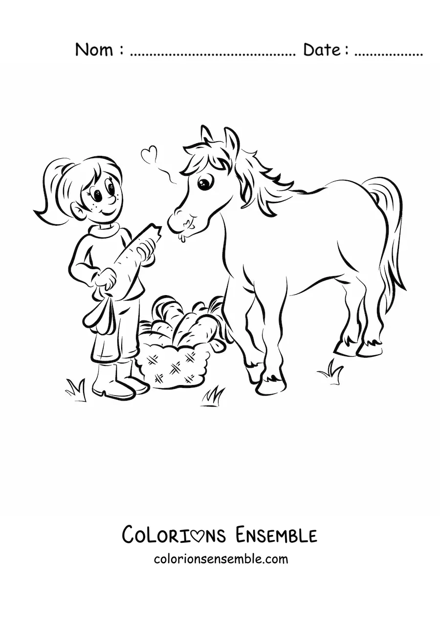 Image à colorier d’une petite fille nourrissant un cheval avec une énorme carotte