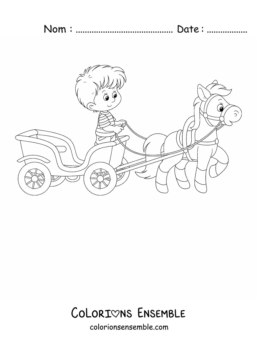 Image à colorier d’un petit garçon sur une calèche tirée par un cheval