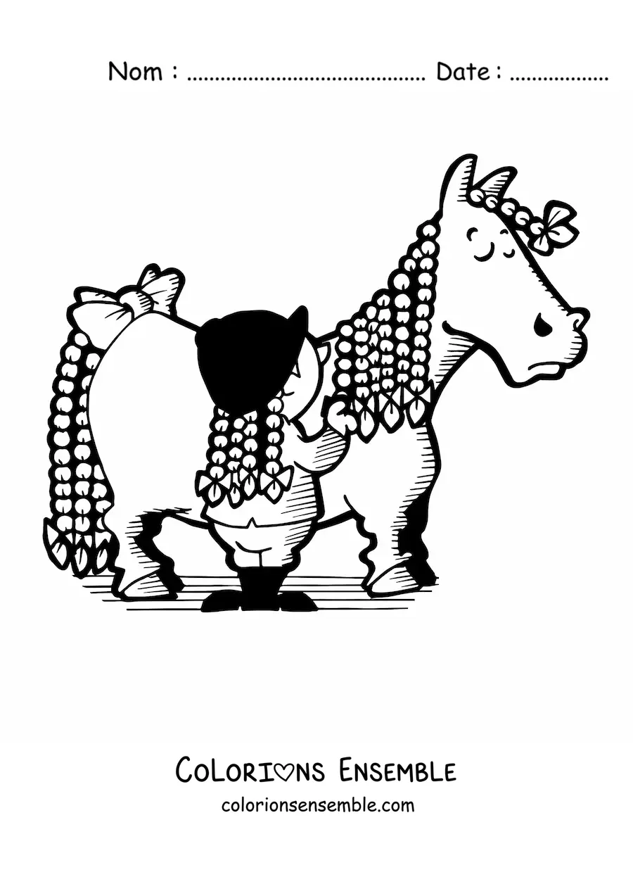 Image à colorier d’une petite fille avec des tresses brossant la longue crinière tressée d’un cheval