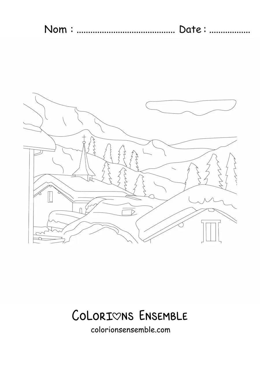 Image à colorier d’un paysage de maisons enneigées