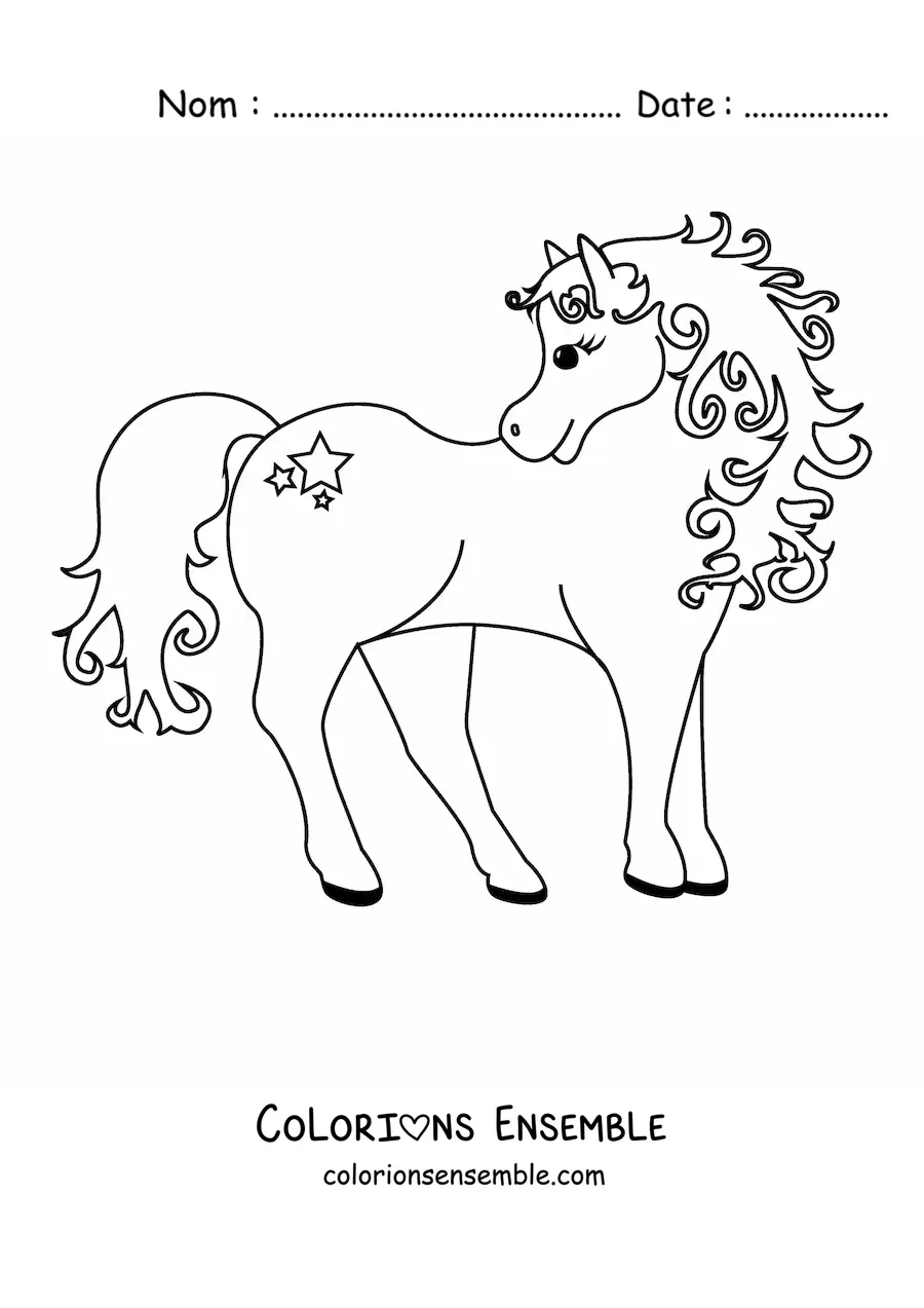 Image à colorier d’un poney regardant en arrière avec une étoile sur la cuisse