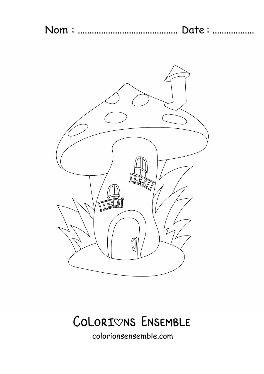 Image à colorier d’une maison de lutin en forme de champignon avec une cheminée