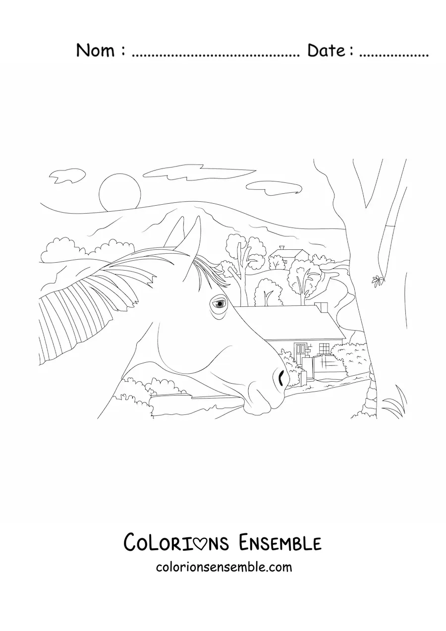 Image à colorier d’une maison de campagne avec un cheval