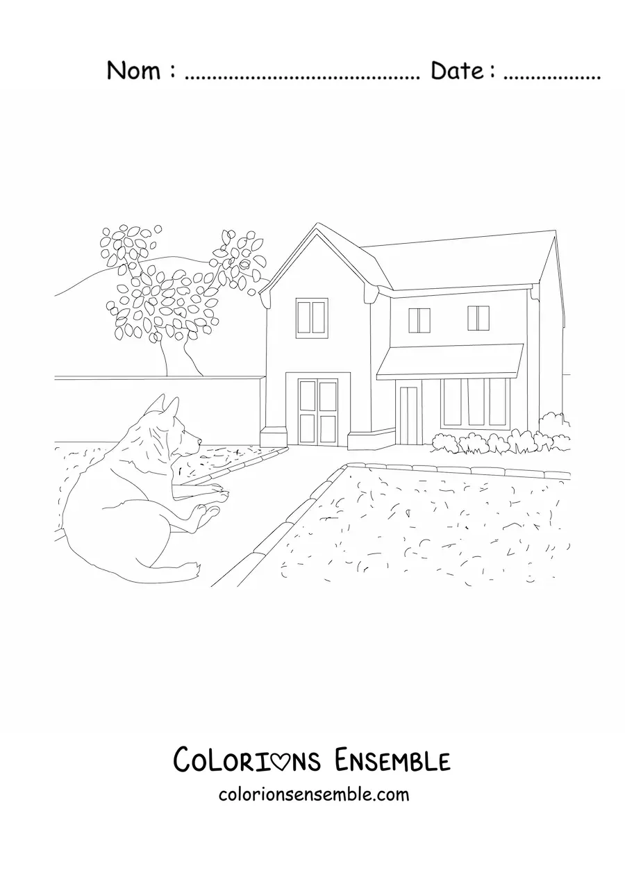 Image à colorier d’une maison avec un chien et un jardin