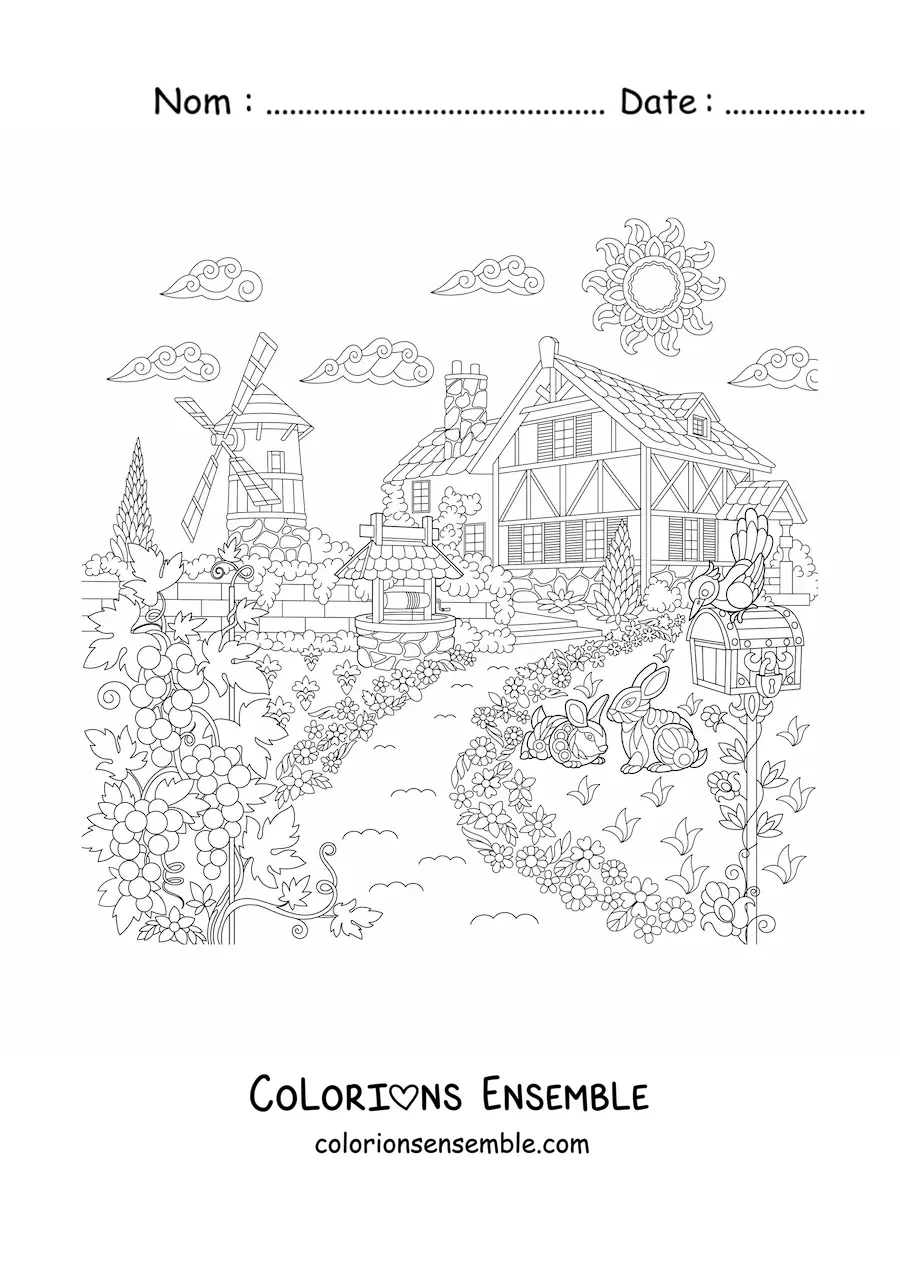 Image à colorier d’une maison de campagne avec un moulin