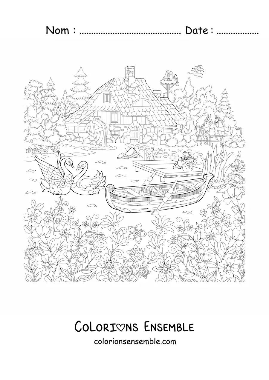 Image à colorier d’une maison dans la forêt avec un lac et des cygnes