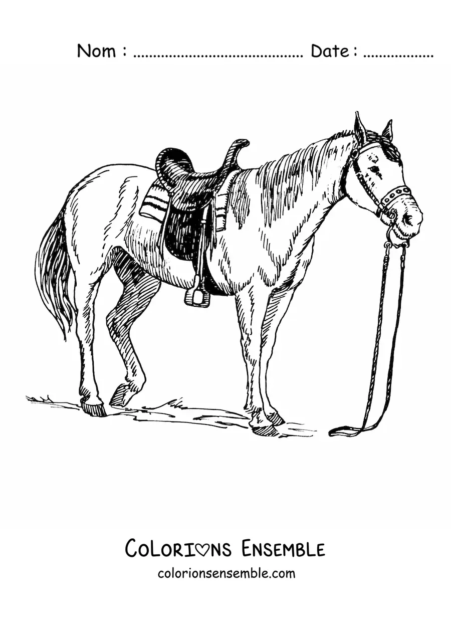 Image à colorier d’un cheval sellé avec les rênes lâches
