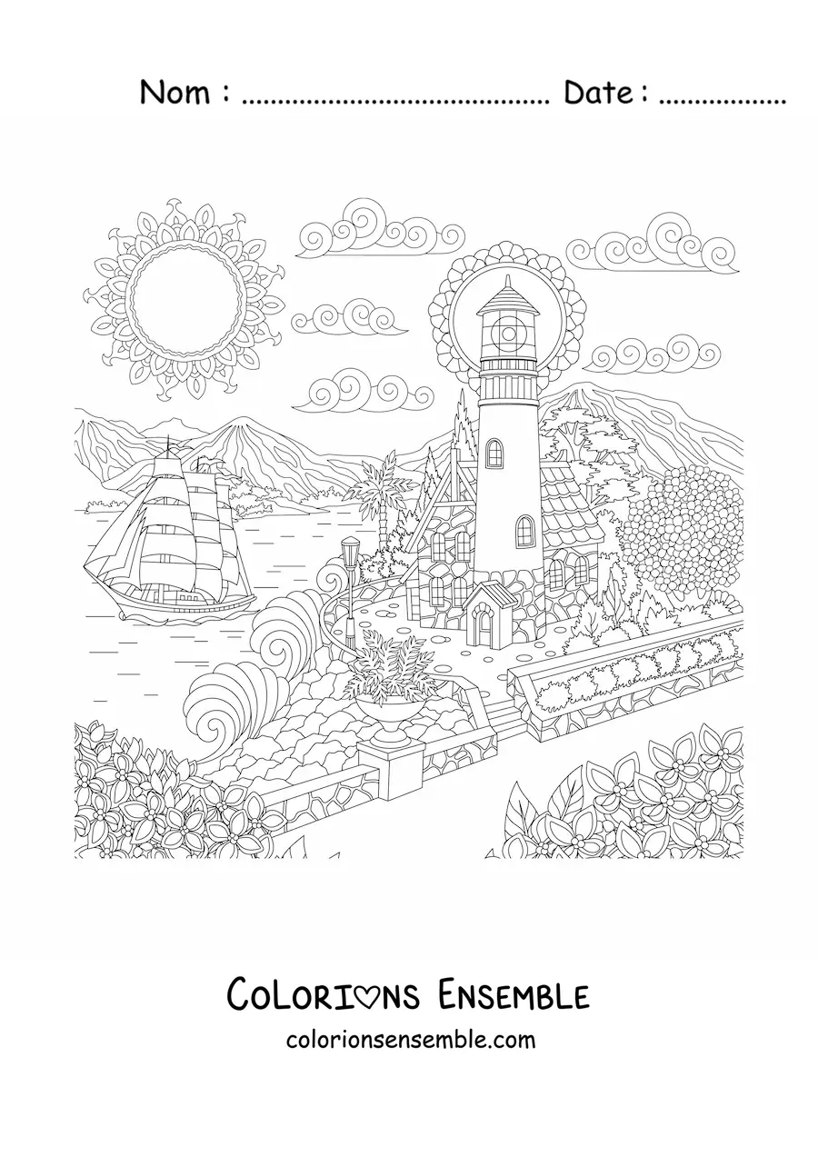 Image à colorier d’une maison au bord de la mer, près d’un phare